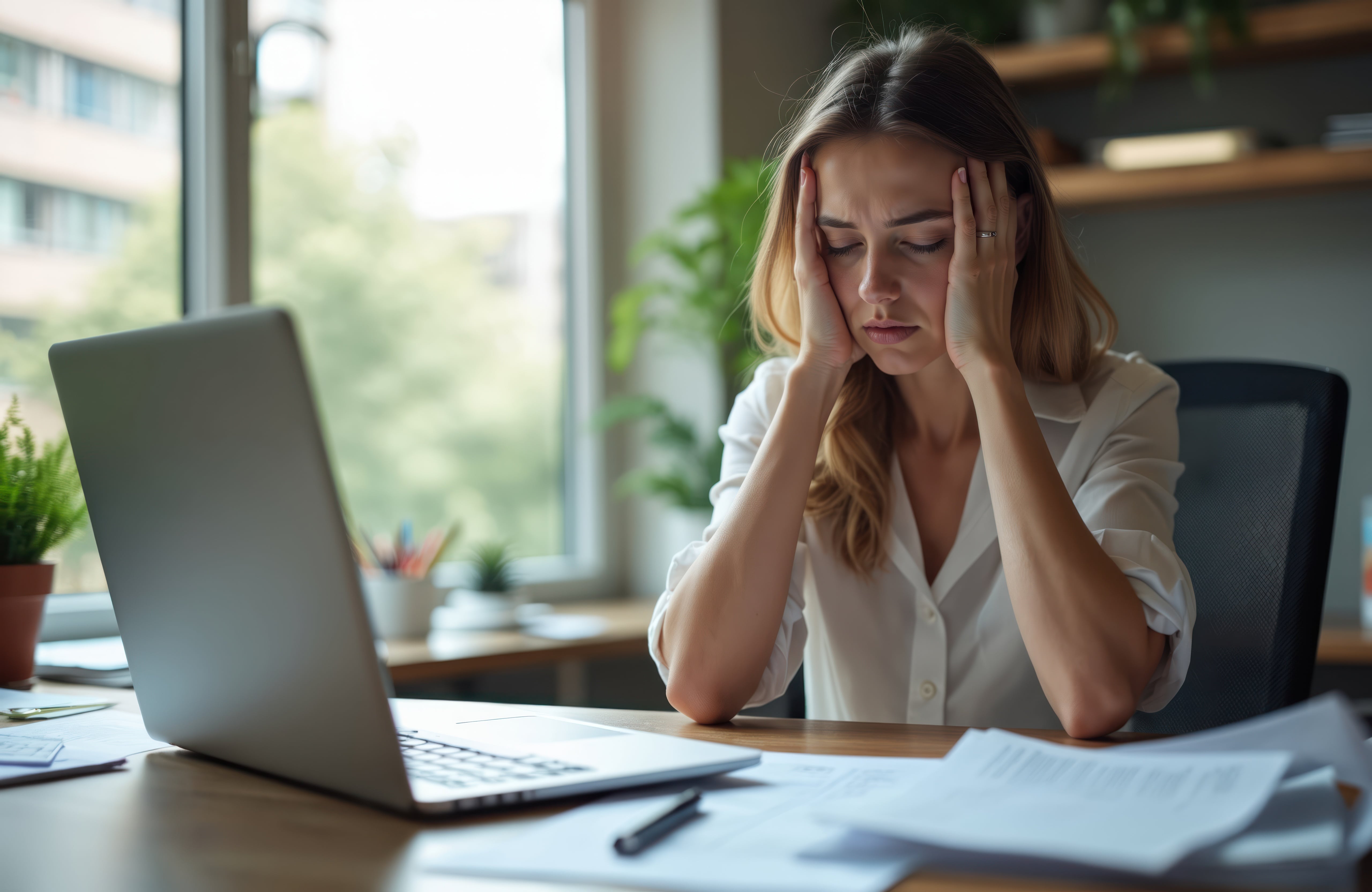 Mulher jovem, com expressão de preocupação, segura a cabeça com as mãos enquanto está sentada diante de um notebook, em um ambiente de escritório — representando o impacto do estresse relacionado ao uso de inteligência artificial no trabalho