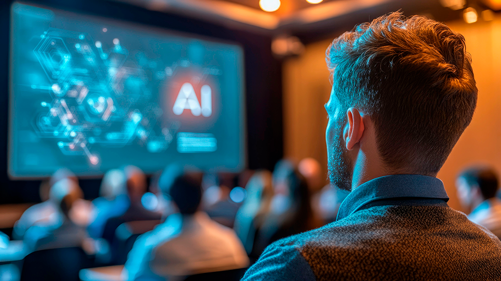 Jovem assiste a uma palestra sobre inteligência artificial, refletindo o crescente interesse pela graduação em tecnologia como caminho para atuar nessa área promissora. 