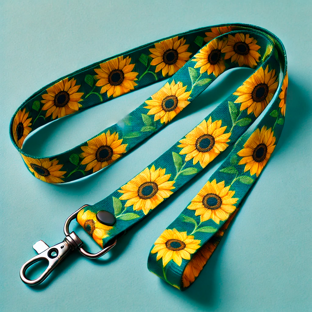 Imagem de um cordão, que geralmente se usa no pescoço, com girassóis desenhados, representando a neurodiversidade.
