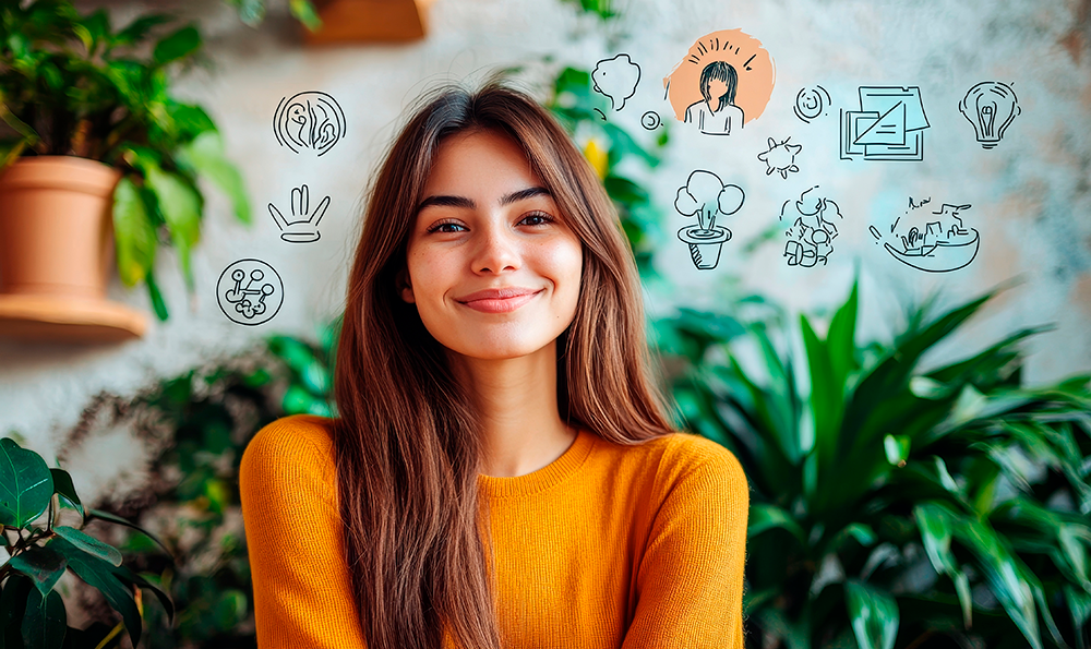 Mulher sorridente, cercada por plantas, com ícones flutuantes representando ideias e conexões, ilustrando o conceito de "o que são soft skills" e sua importância como habilidades do futuro. 